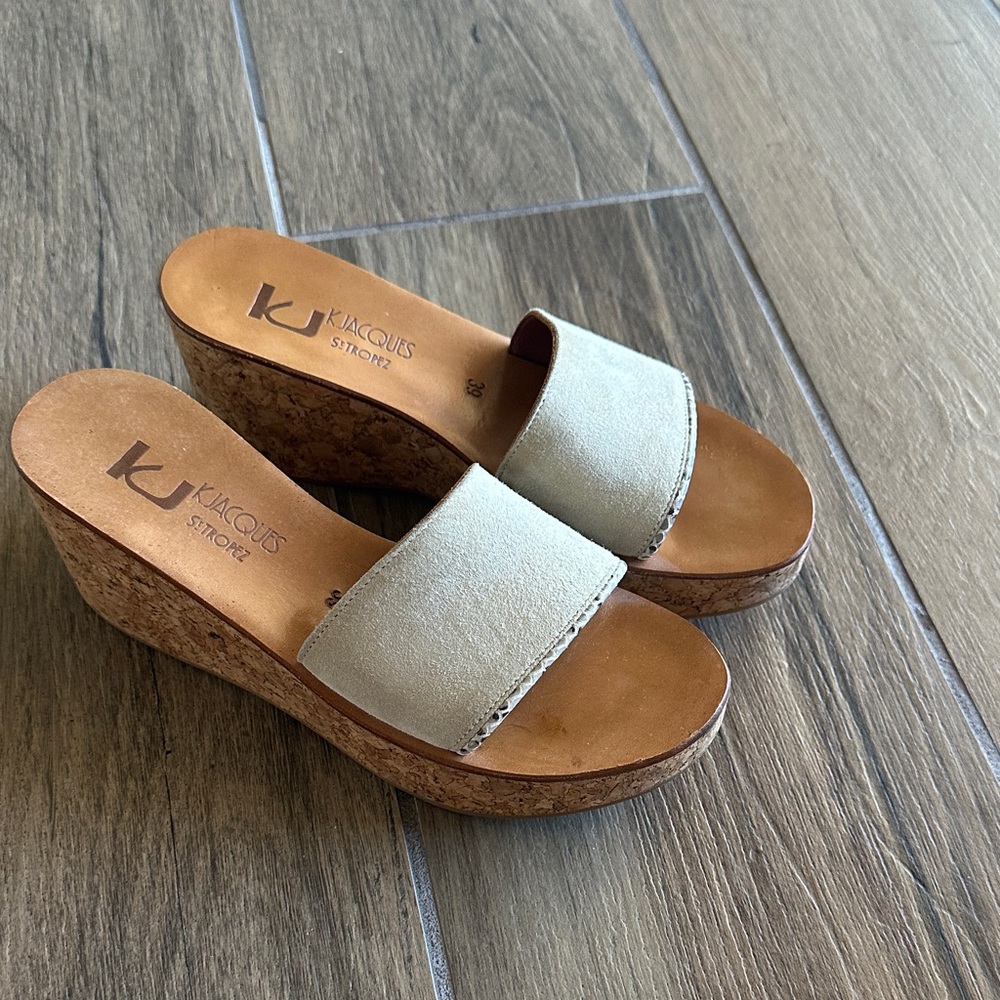K.Jacques Tan and Cream Wedge Sandals , size 8m (39 France)